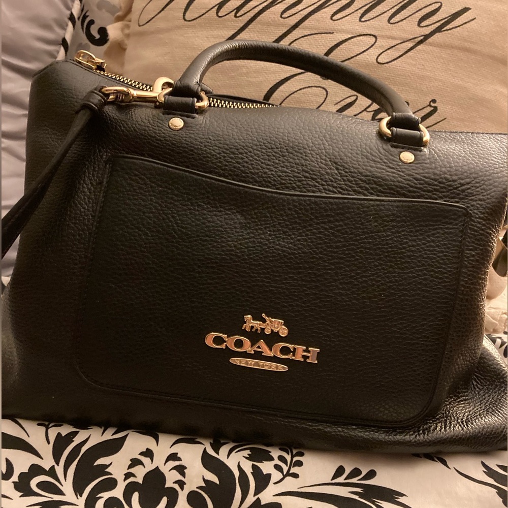 COACH EUC black pebble leather EMMA satchel crossbody bag.Has double handles too